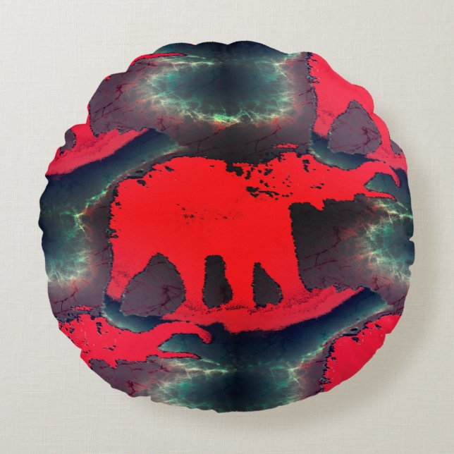 Abstraktes Rot zeichnend mit sehr rustikaler Wirku Rundes Kissen (Vorderseite)