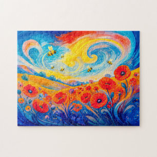 Abstraktes rotes blaues Mohnfeld mit Bienen Puzzle