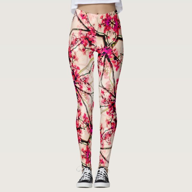 Abstraktes rotes Blumenmuster Nahtloses Muster Leggings (Vorderseite)