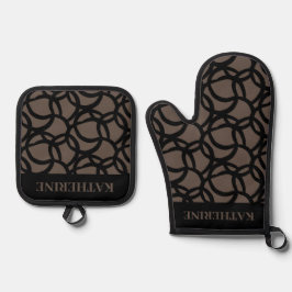 Abstraktes Schwarz-Braun-Muster mit Name Ofenhandschuh & Topflappen-Set