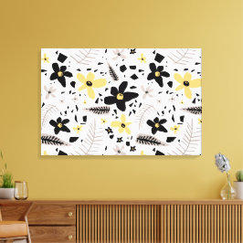 Abstraktes Schwarz-Gelb-Graues Blumenmuster Leinwanddruck