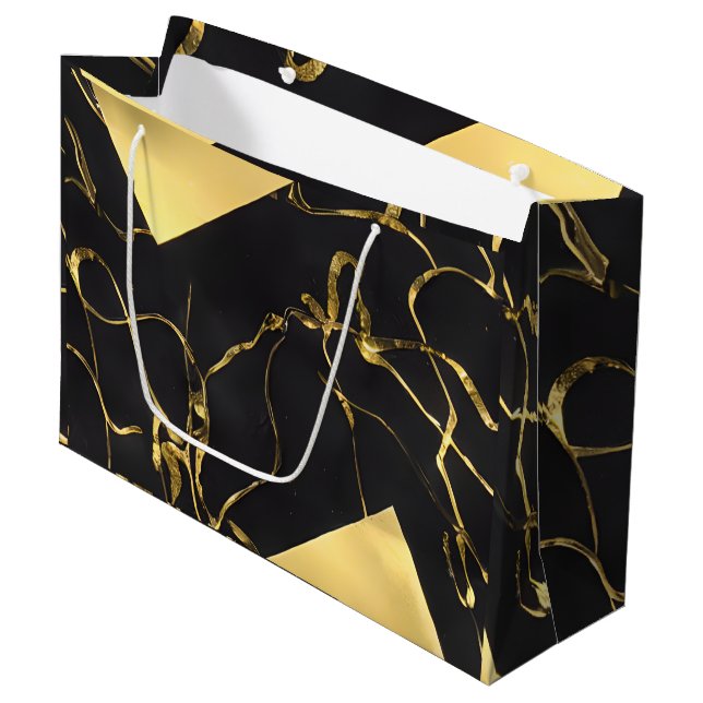 Abstraktes Schwarz-Gold-Muster Große Geschenktüte (Vorderseite Schrägansicht)