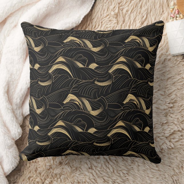 Abstraktes Schwarz-Gold-Muster Kissen (Decke)