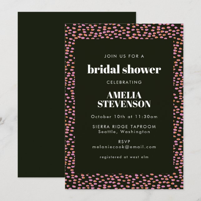 Abstraktes Schwarz-Rosa-Punktmuster-Brautparty Einladung (Vorne/Hinten)