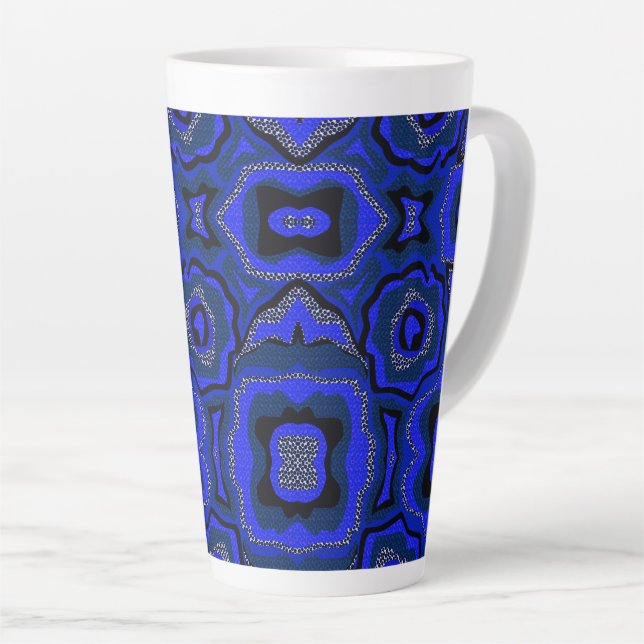 Abstraktes Schwarz- und Indigo-Blau-Muster. Milchtasse (Rechte Ecke)