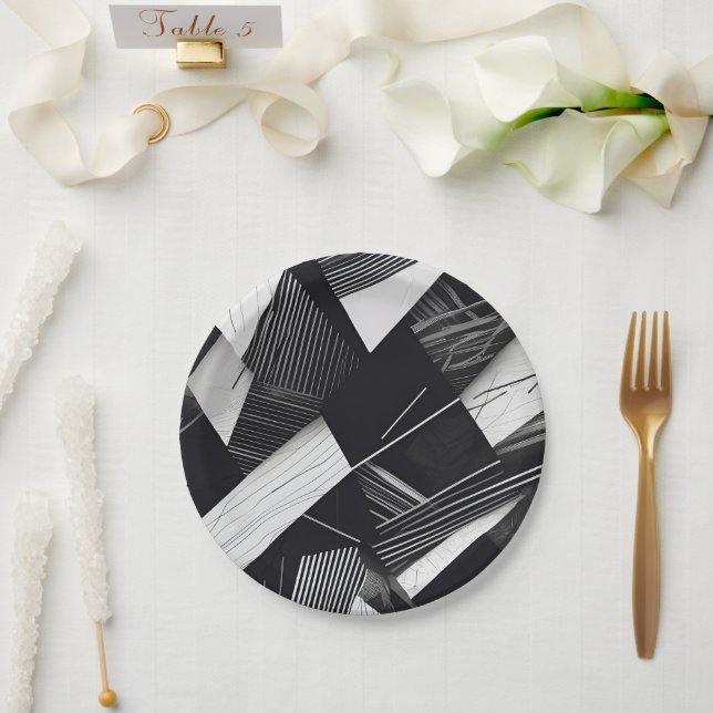 Abstraktes Schwarz-Weiß-Dunkel-Geometrie-Muster Pappteller (Hochzeit)