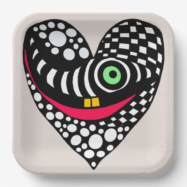 Abstraktes Schwarz/Weiß-Herz Pappteller (Vorderseite)