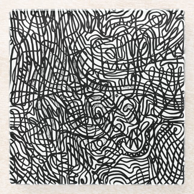 Abstraktes Schwarz-Weiß-Linienmuster Glasuntersetzer (Vorderseite)