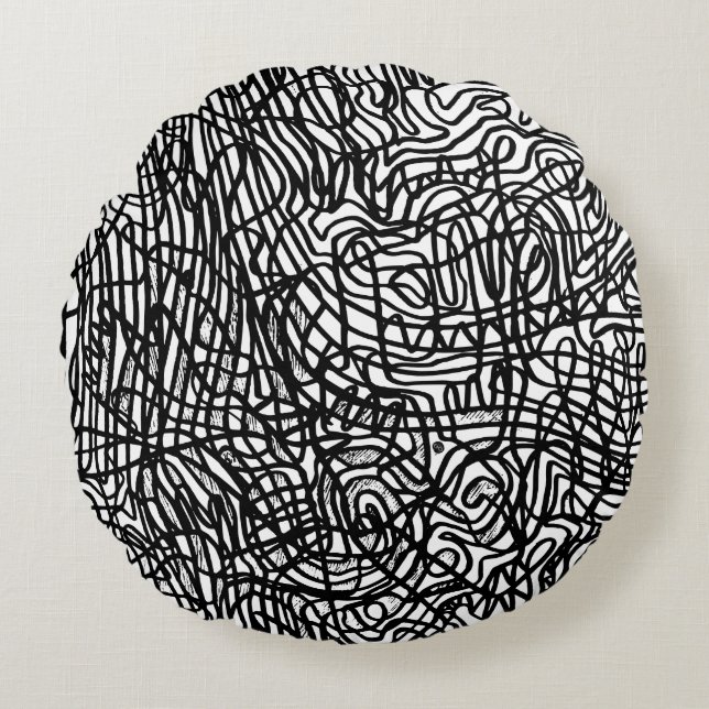 Abstraktes Schwarz-Weiß-Linienmuster Rundes Kissen (Vorderseite)