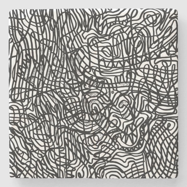 Abstraktes Schwarz-Weiß-Linienmuster Steinuntersetzer (Vorderseite)