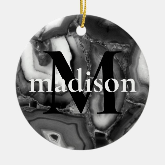 Abstraktes Schwarz-weißes Agating Geode Monogramm  Keramik Ornament (Vorne)