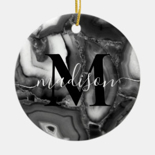 Abstraktes Schwarz-weißes Agating Geode Monogramm  Keramik Ornament