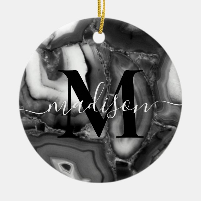 Abstraktes Schwarz-weißes Agating Geode Monogramm  Keramik Ornament (Vorne)