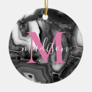 Abstraktes Schwarz-weißes Agating Geode Monogramm Keramik Ornament