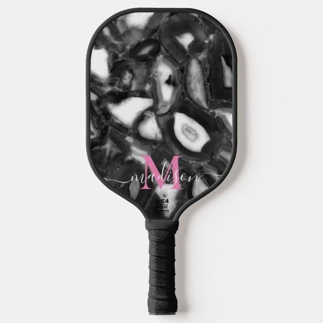 Abstraktes Schwarz-weißes Agating Geode Monogramm  Pickleball Schläger (Vorderseite)