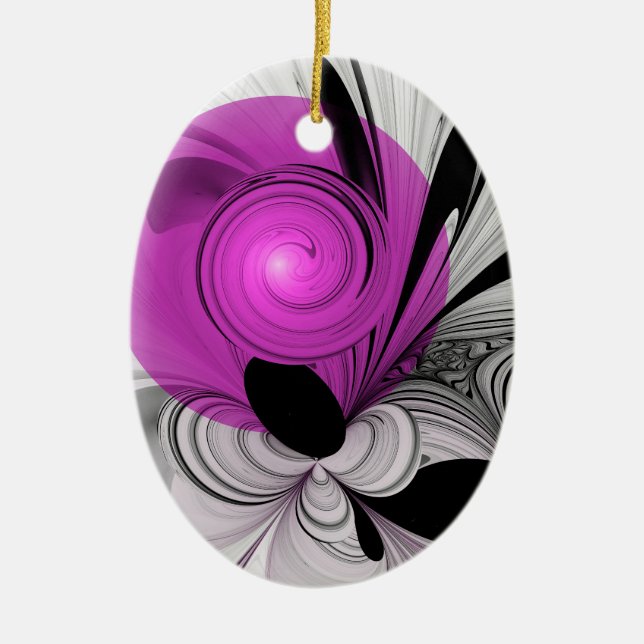 Abstraktes Schwarzes Grau mit Magenta Fraktal Kuns Keramik Ornament (Vorne)