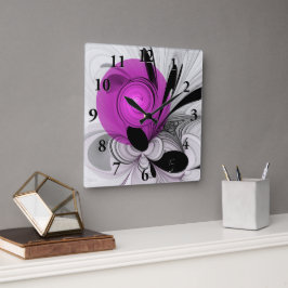 Abstraktes Schwarzes Grau mit Magenta Fraktal Kuns Quadratische Wanduhr