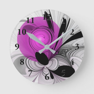 Abstraktes Schwarzes Grau mit Magenta Fraktal Kuns Runde Wanduhr