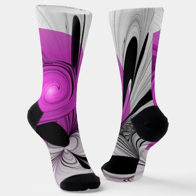 Abstraktes Schwarzes Grau mit Magenta Fraktal Kuns Socken (Gewinkelt)