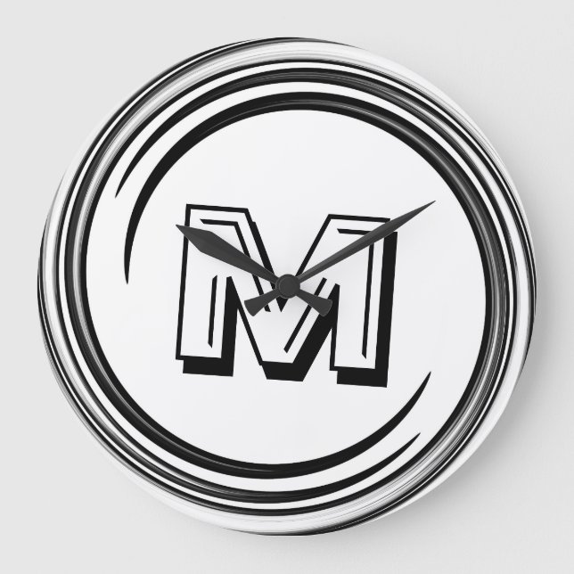 Abstraktes Schwarzes Swirl Monogramm Große Wanduhr (Vorderseite)