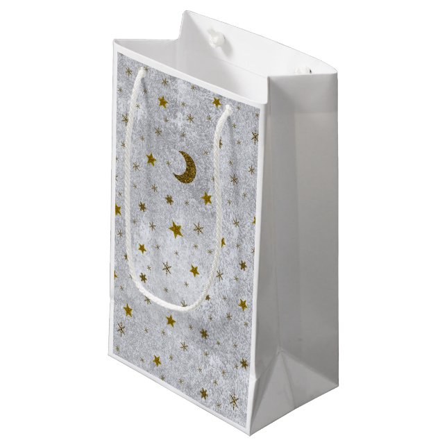 Abstraktes Silberpapier mit Goldstern, Mond Kleine Geschenktüte (Vorderseite Schrägansicht)