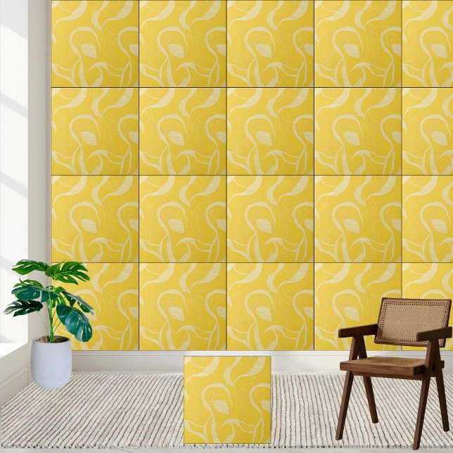 Abstraktes, sonniges Gelb Muster Keramik Tile Fliese (Sunny Yellow Abstract Swirl Pattern Ceramic Tile)