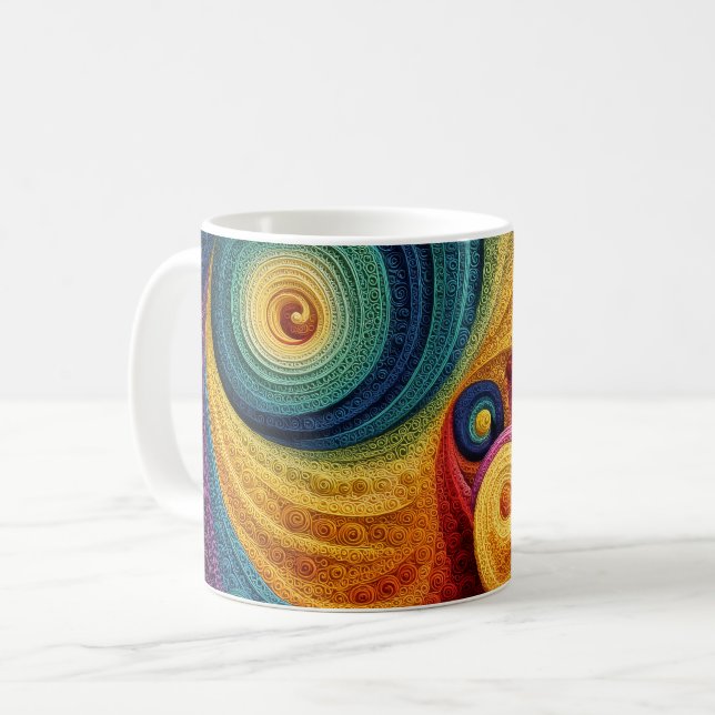 Abstraktes Spiralmuster Farbige 3D-Wirbeltextur Kaffeetasse (Vorderseite Links)