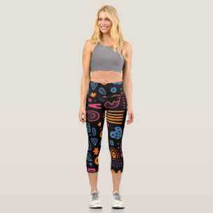 Abstraktes Stammes-Doodle-Neon-Geometrisch Schwarz Capri Leggings