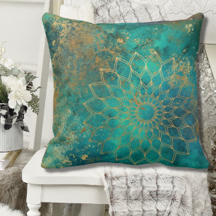 Abstraktes Teal-Wasserfarben-Gold-Grunge-Mandala Kissen