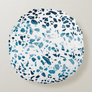 Abstraktes Terrazzo Mosaic Navy & Light Blue Muste Rundes Kissen