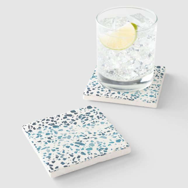 Abstraktes Terrazzo Mosaic Navy & Light Blue Muste Steinuntersetzer (Seitenansicht)