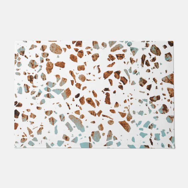 Abstraktes Terrazzo Mosaic Rust Brown & Blue Muste Fußmatte (Vorderseite)