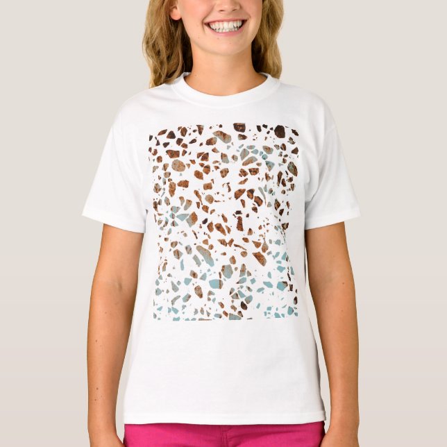 Abstraktes Terrazzo Mosaic Rust Brown & Blue Muste T-Shirt (Vorderseite)