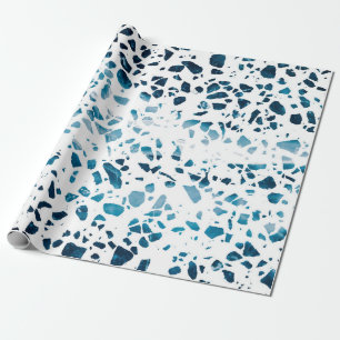Abstraktes Terrazzo-Mosaik in Marineblau und Hellb Geschenkpapier