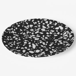 Abstraktes Terrazzo Mosaik Schwarz-Weiß-Muster Pappteller