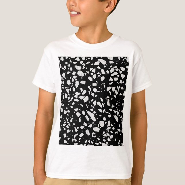 Abstraktes Terrazzo Mosaik Schwarz-Weiß-Muster T-Shirt (Vorderseite)