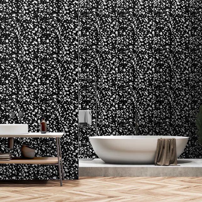 Abstraktes Terrazzo Mosaik Schwarz-Weiß-Muster Tapete (Badezimmer)