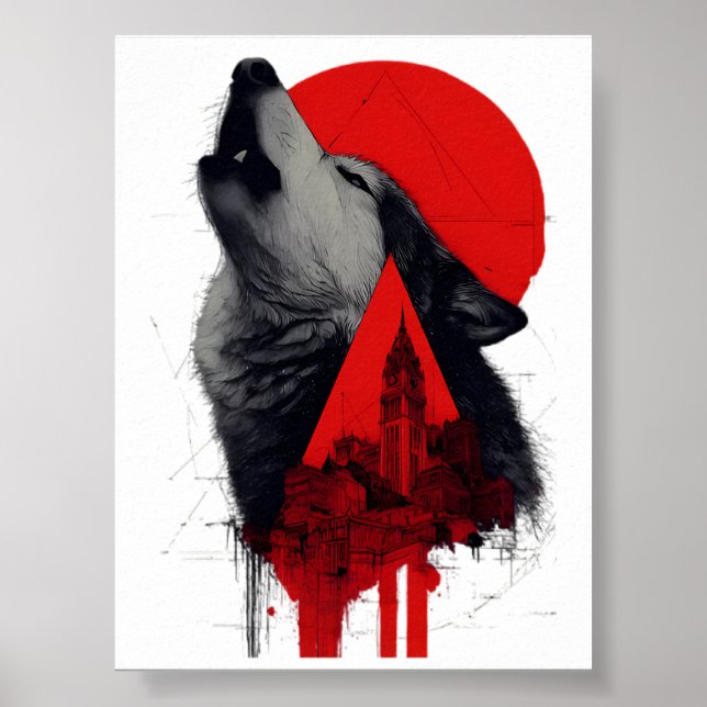 Abstraktes Trash-Polka-Plakat mit heulendem Wolf u Poster (Vorne)