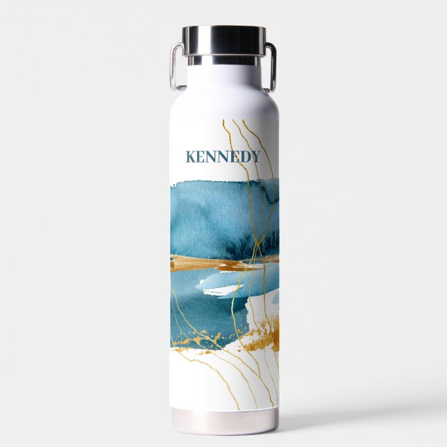 Abstraktes Tropical Blue & Gold Art Trinkflasche (Vorne)