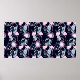 Abstraktes tropisches Muster mit Flamingo, Protea, Poster
