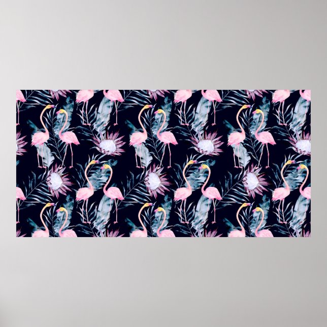 Abstraktes tropisches Muster mit Flamingo, Protea, Poster (Vorne)