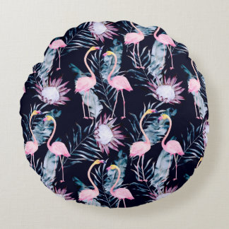 Abstraktes tropisches Muster mit Flamingo, Protea, Rundes Kissen
