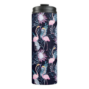 Abstraktes tropisches Muster mit Flamingo, Protea, Thermosbecher