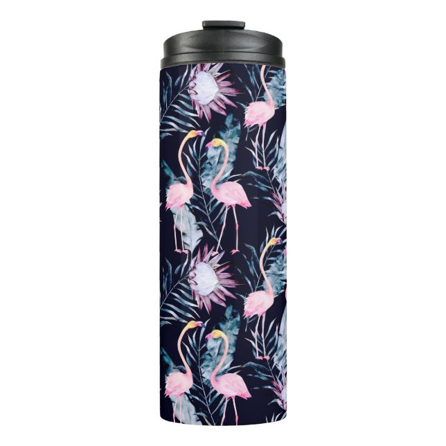 Abstraktes tropisches Muster mit Flamingo, Protea, Thermosbecher (Vorderseite)