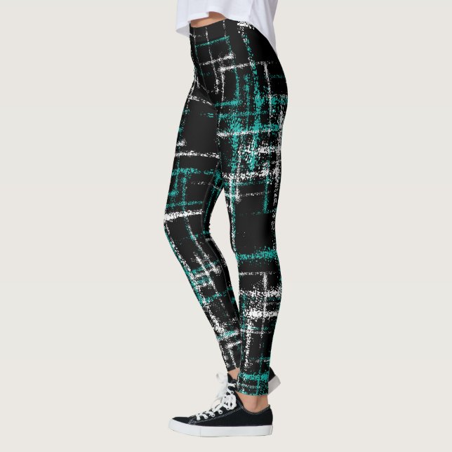 abstraktes türkisfarbenes, weißes Kreuzmuster Leggings (Links)