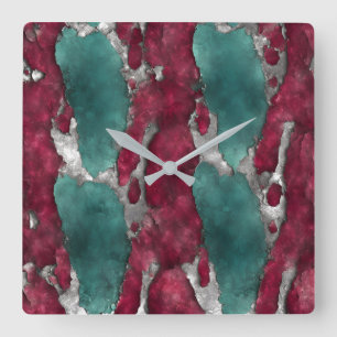 Abstraktes Verdigris und Rubin mit Metallic Silber Quadratische Wanduhr