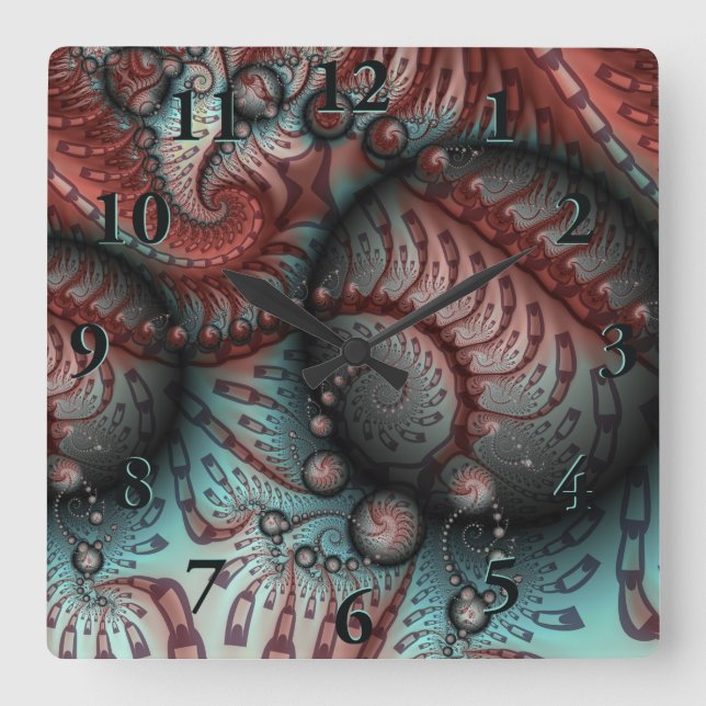 Abstraktes Vivio Fantasy Fraktal Art Brown Blue Quadratische Wanduhr (Vorderseite)