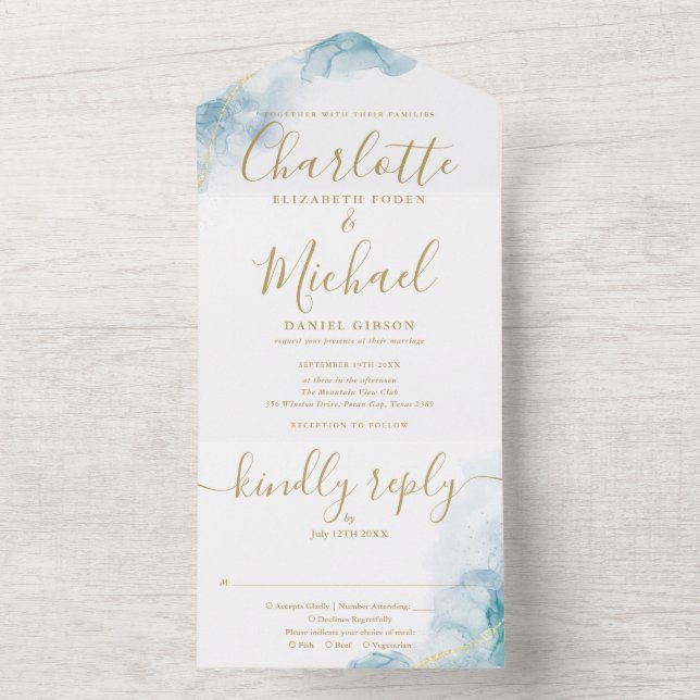 Abstraktes Watercolor Script Gold Monogram Wedding All In One Einladung (Innen Boden)