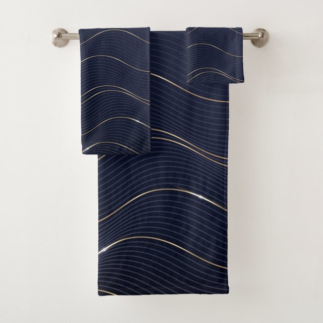 Abstraktes Wavy Blue Gold Lines Muster Badhandtuch Set (Insitu)