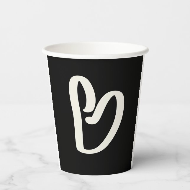 Abstraktes weißes Herz schwarz Pappbecher (Rückseite)